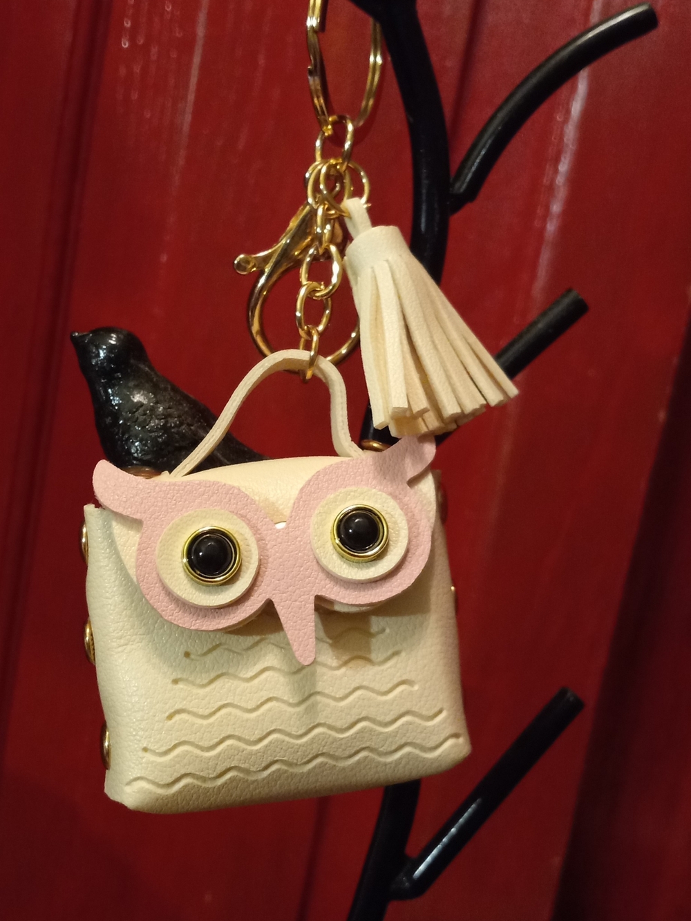 Chic Owl Charm Mini Bag Keychain - Cream and Pink